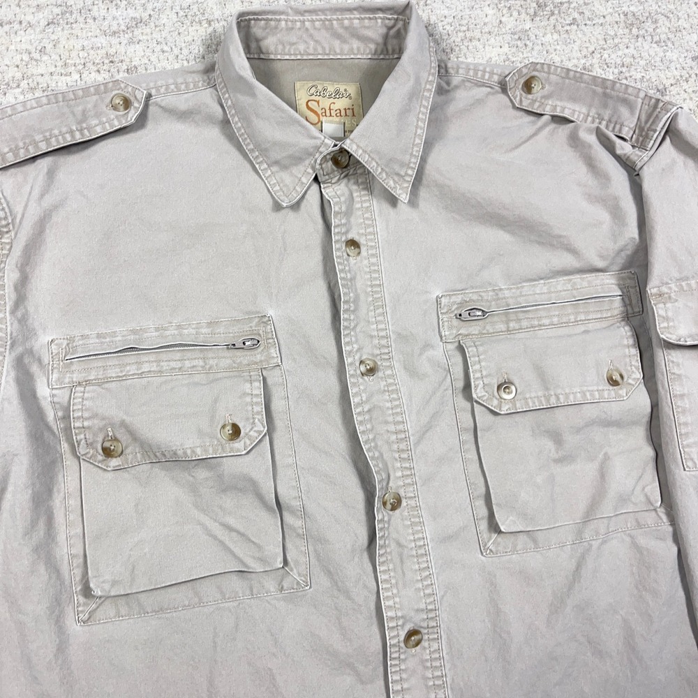 Cabelas Safari Shirt Men Large Tan Khaki Pockets Camp Hiking Guide - Picture 6 of 14